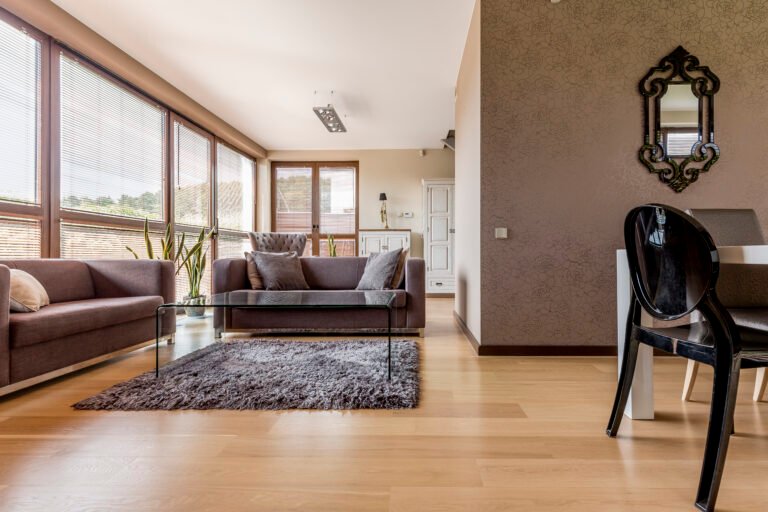 Cozy brown living room with sofas and glass coffee table