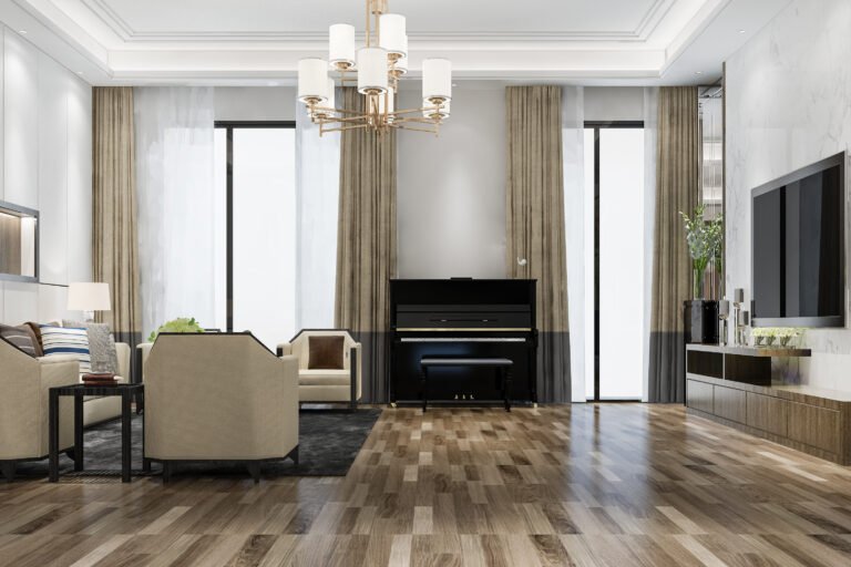 3d rendering classic warm living room with piano and armchair